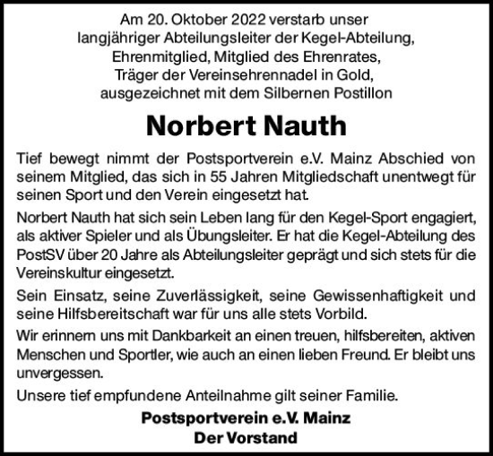 Traueranzeige von Norbert Nauth von vrm-trauer AZ Mainz