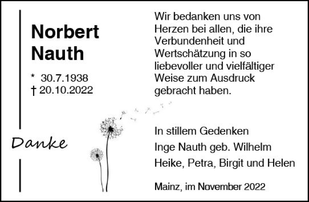  Traueranzeige für Norbert Nauth vom 26.11.2022 aus vrm-trauer AZ Mainz