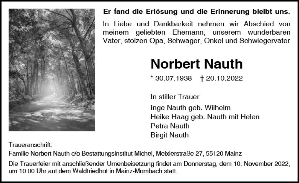  Traueranzeige für Norbert Nauth vom 05.11.2022 aus vrm-trauer AZ Mainz