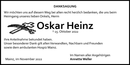 Traueranzeige von Oskar Heinz von vrm-trauer AZ Mainz