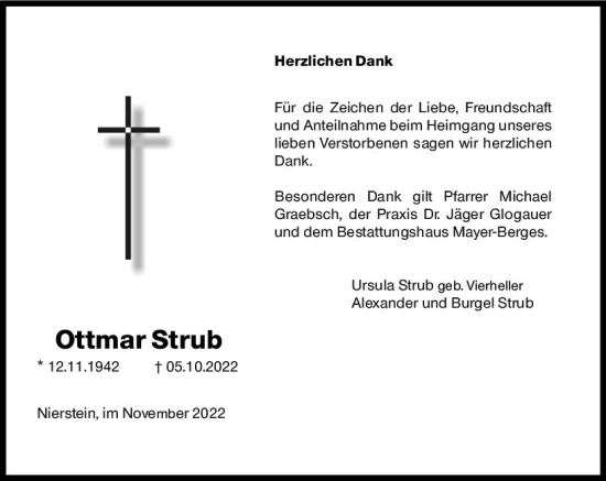 Traueranzeige von Ottmar Strub von vrm-trauer AZ Mainz