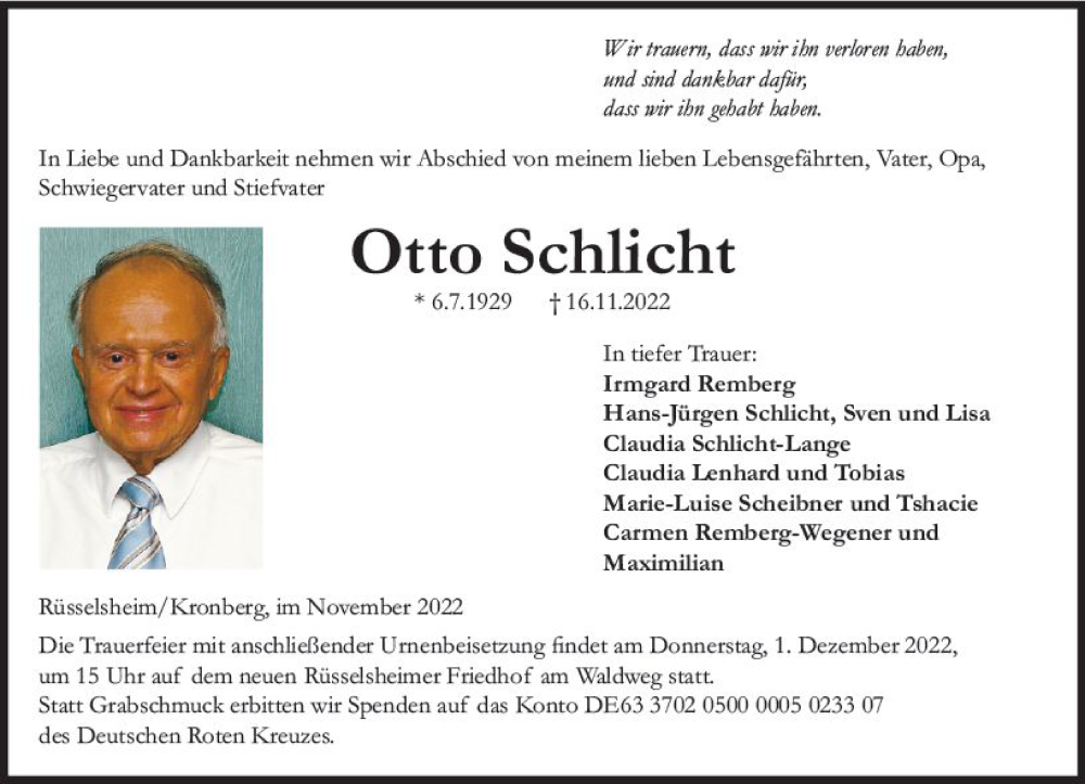  Traueranzeige für Otto Schlicht vom 26.11.2022 aus vrm-trauer Rüsselsheimer Echo / MainSpitze