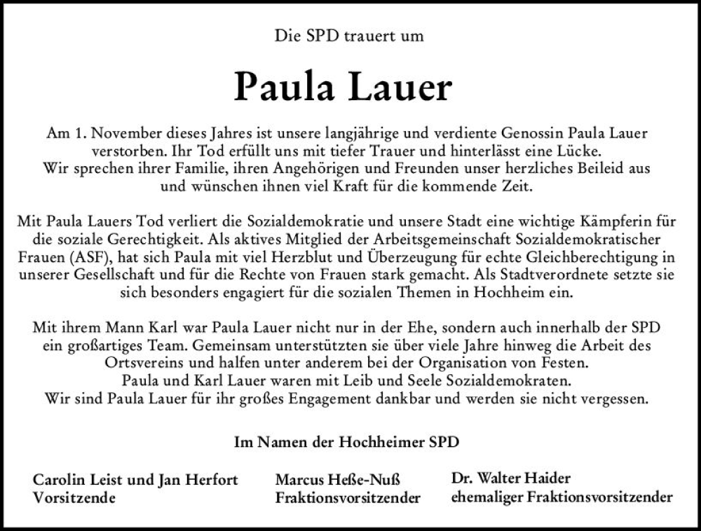 Traueranzeige für Paula Lauer vom 25.11.2022 aus vrm-trauer Hochheimer Zeitung