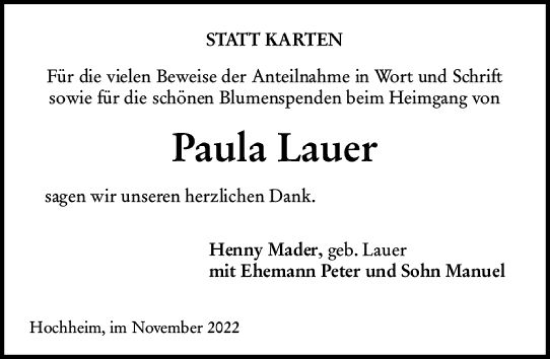 Traueranzeige von Paula Lauer von vrm-trauer Hochheimer Zeitung