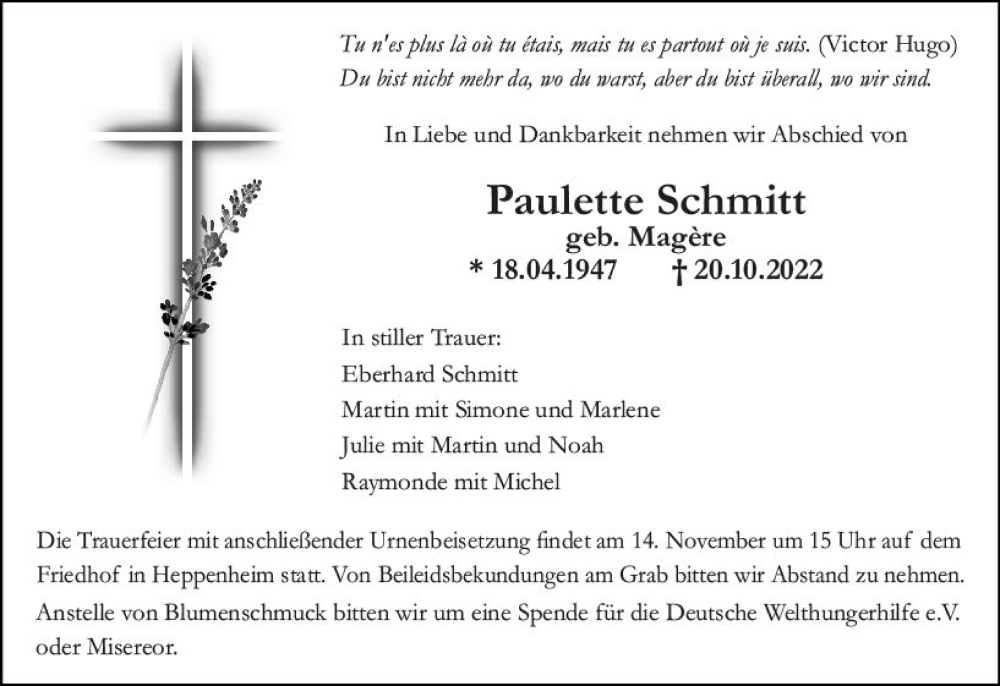  Traueranzeige für Paulette Schmitt vom 05.11.2022 aus vrm-trauer Bürstädter/Lamperth. Ztg/Starkenburger
