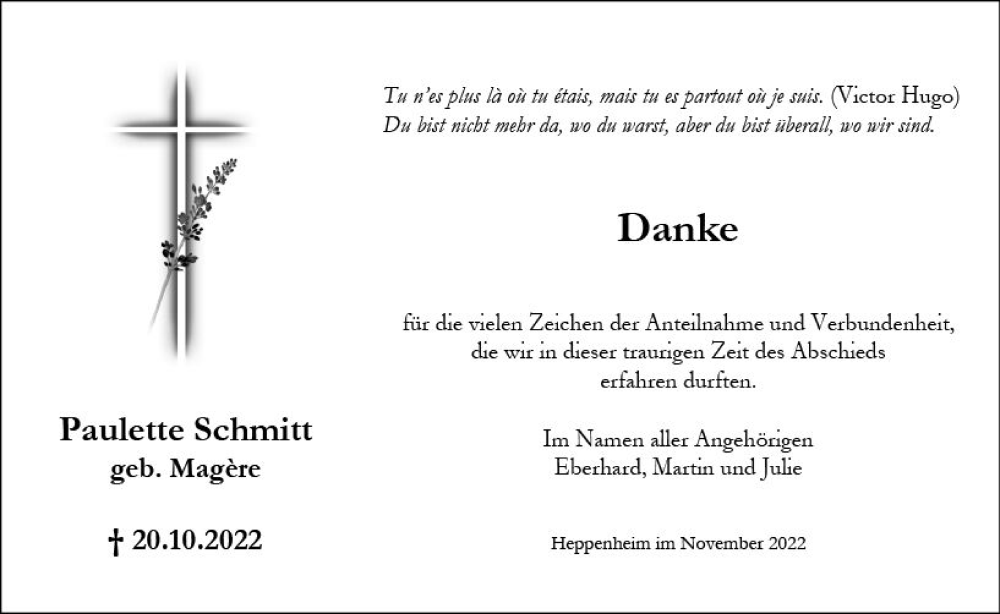  Traueranzeige für Paulette Schmitt vom 19.11.2022 aus vrm-trauer Bürstädter/Lamperth. Ztg/Starkenburger