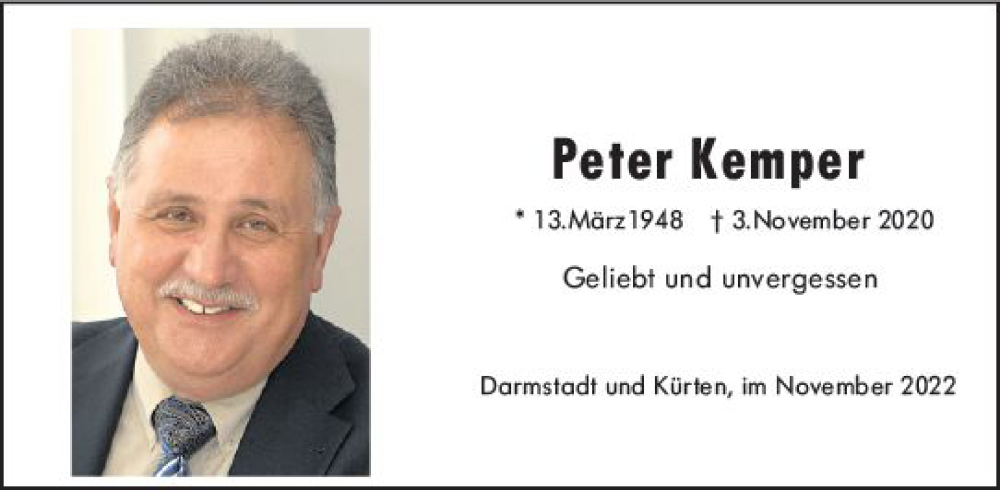  Traueranzeige für Peter Kemper vom 03.11.2022 aus vrm-trauer Darmstädter Echo