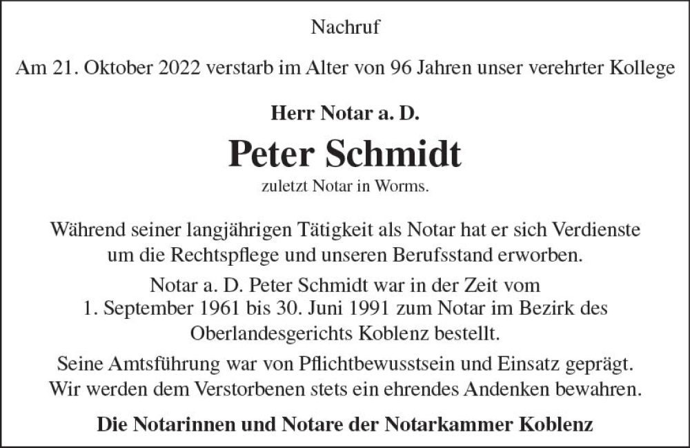  Traueranzeige für Peter Schmidt vom 05.11.2022 aus vrm-trauer Wormser Zeitung