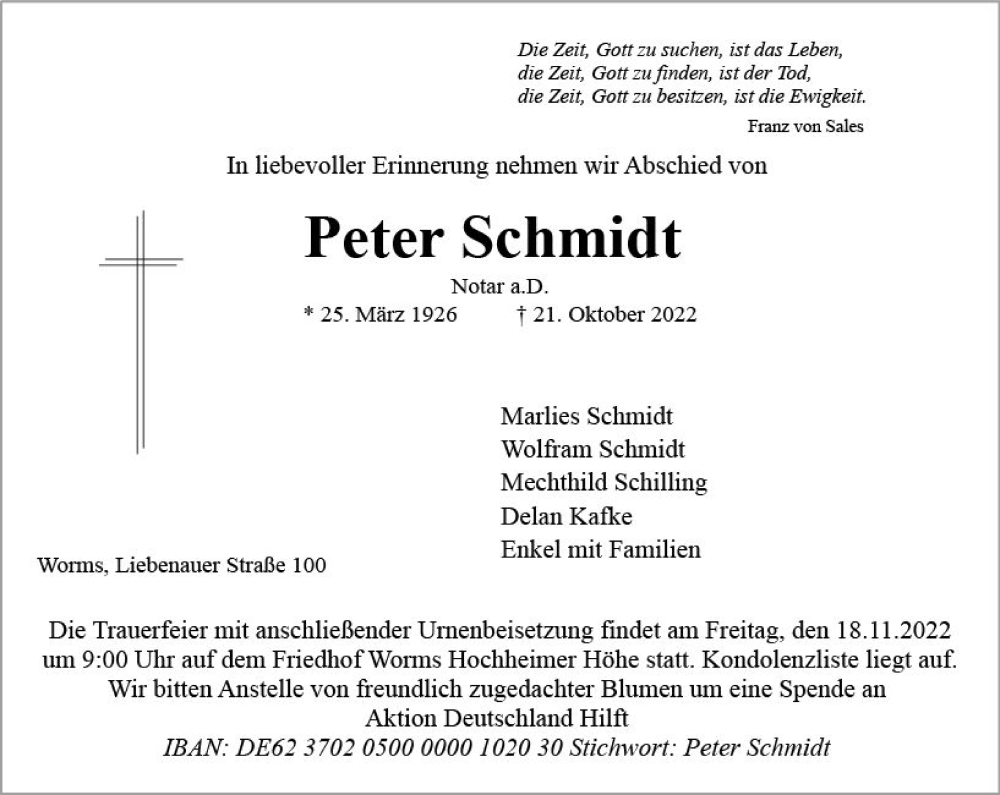  Traueranzeige für Peter Schmidt vom 05.11.2022 aus vrm-trauer Wormser Zeitung