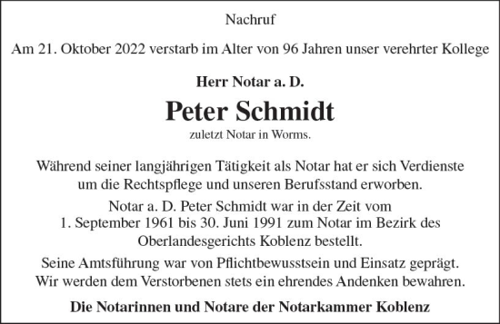 Traueranzeige von Peter Schmidt von vrm-trauer Wormser Zeitung