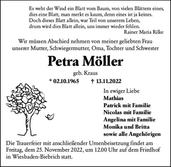 Traueranzeige von Petra Möller von vrm-trauer Wiesbadener Kurier