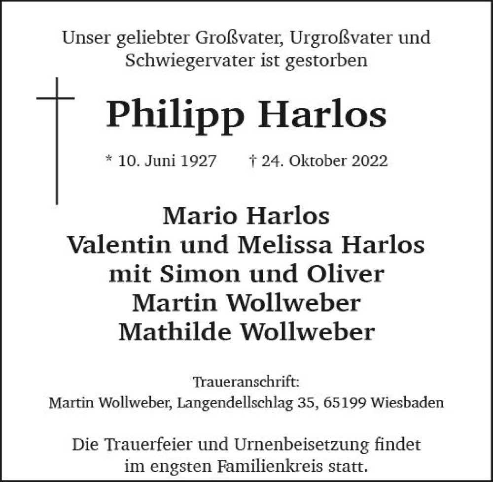  Traueranzeige für Philipp Harlos vom 05.11.2022 aus vrm-trauer Wiesbadener Kurier