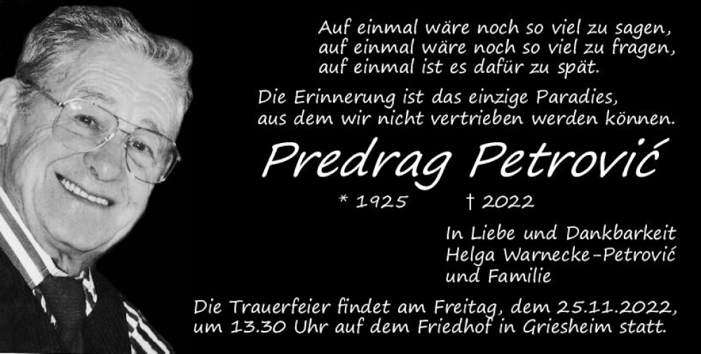  Traueranzeige für Predrag Petrovic vom 22.11.2022 aus vrm-trauer Darmstädter Echo