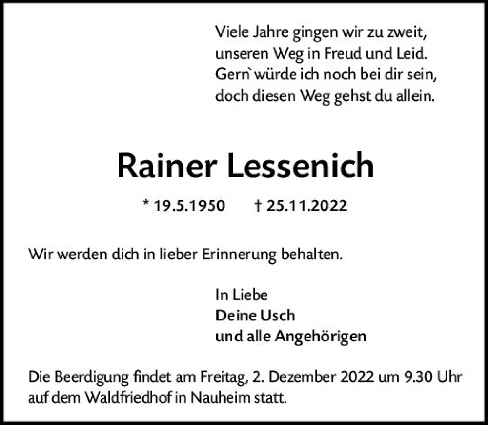  Traueranzeige für Rainer Lessenich vom 30.11.2022 aus vrm-trauer Groß-Gerauer Echo