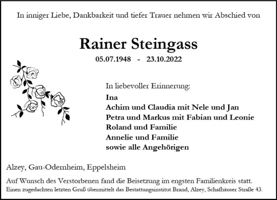 Traueranzeige von Rainer Steingass von vrm-trauer Allgemeine Zeitung Alzey