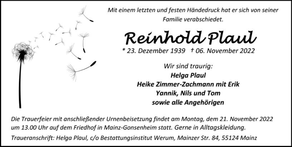  Traueranzeige für Reinhold Plaul vom 12.11.2022 aus vrm-trauer AZ Mainz