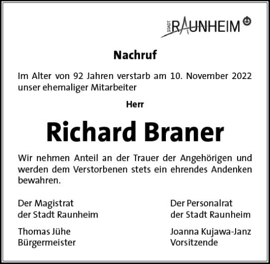 Traueranzeige von Richard Braner von vrm-trauer Rüsselsheimer Echo / MainSpitze