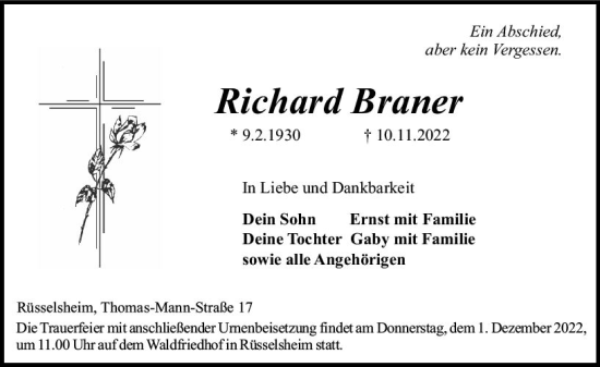 Traueranzeige von Richard Brauer von vrm-trauer Rüsselsheimer Echo / MainSpitze