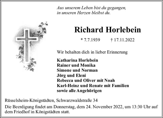 Traueranzeige von Richard Horlebein von vrm-trauer Rüsselsheimer Echo / MainSpitze