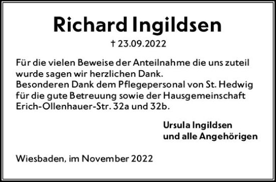 Traueranzeige von Richard Ingildsen von vrm-trauer Wiesbadener Kurier