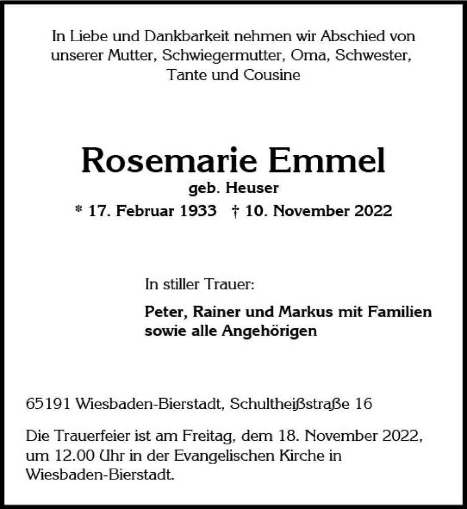  Traueranzeige für Rosemarie Emmel vom 16.11.2022 aus vrm-trauer Wiesbadener Kurier