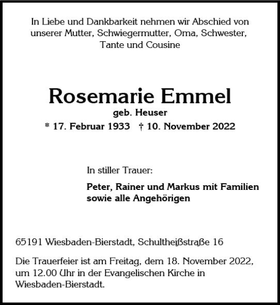 Traueranzeige von Rosemarie Emmel von vrm-trauer Wiesbadener Kurier
