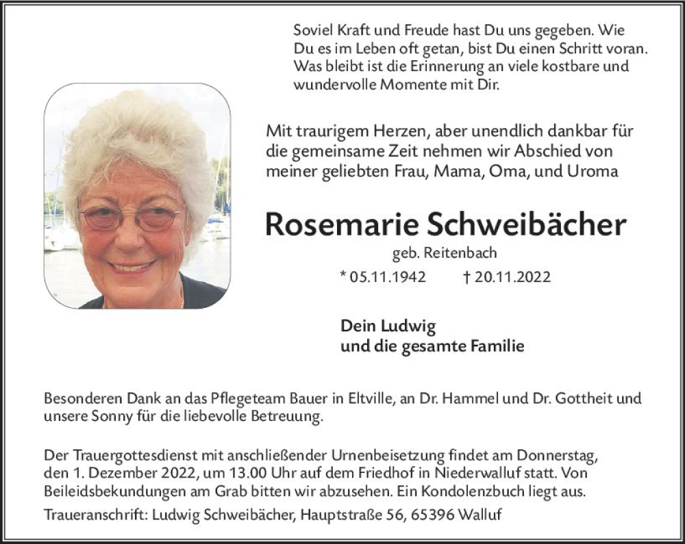  Traueranzeige für Rosemarie Schweibächer vom 26.11.2022 aus vrm-trauer Wiesbadener Kurier