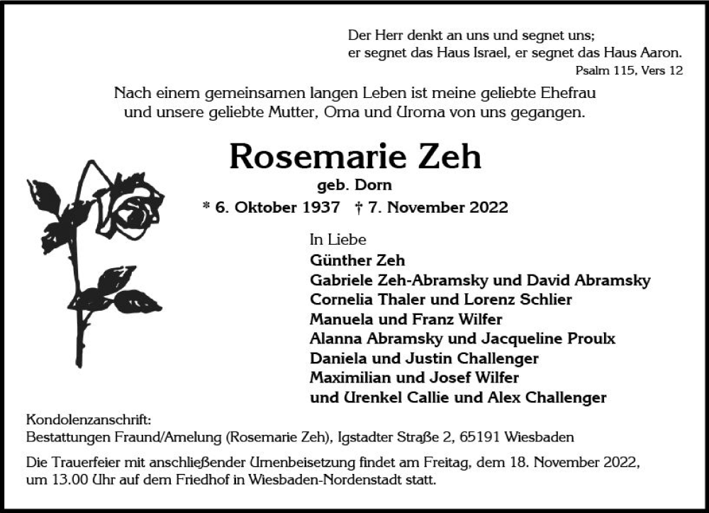  Traueranzeige für Rosemarie Zeh vom 12.11.2022 aus vrm-trauer Wiesbadener Kurier