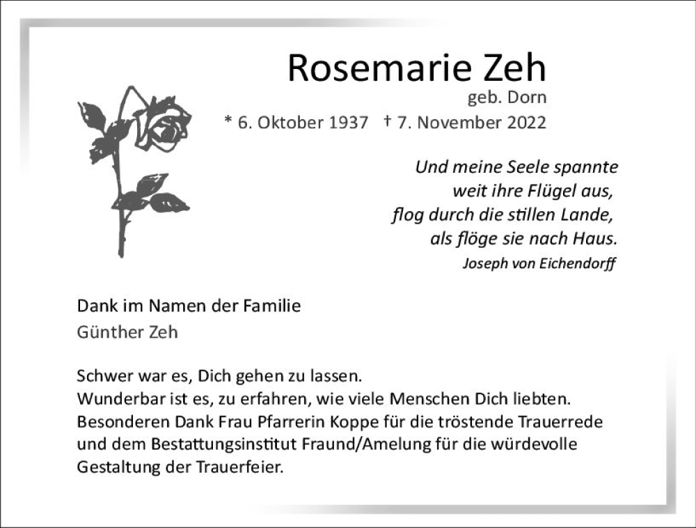  Traueranzeige für Rosemarie Zeh vom 26.11.2022 aus vrm-trauer Wiesbadener Kurier