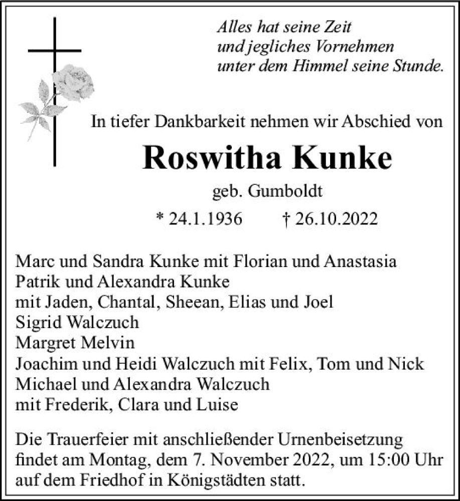  Traueranzeige für Roswitha Kunke vom 05.11.2022 aus vrm-trauer Rüsselsheimer Echo / MainSpitze