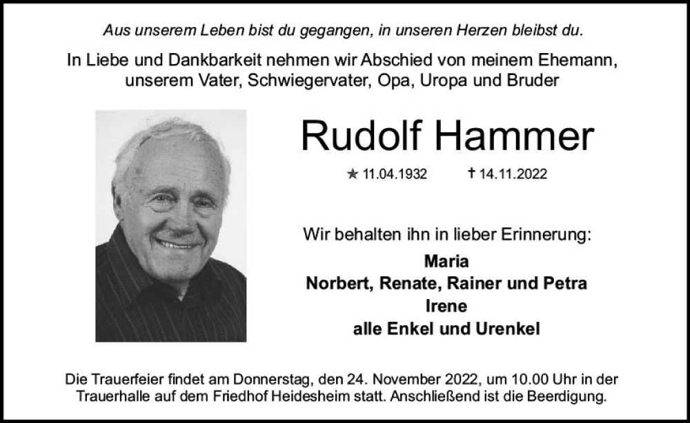  Traueranzeige für Rudolf Hammer vom 22.11.2022 aus vrm-trauer AZ Mainz