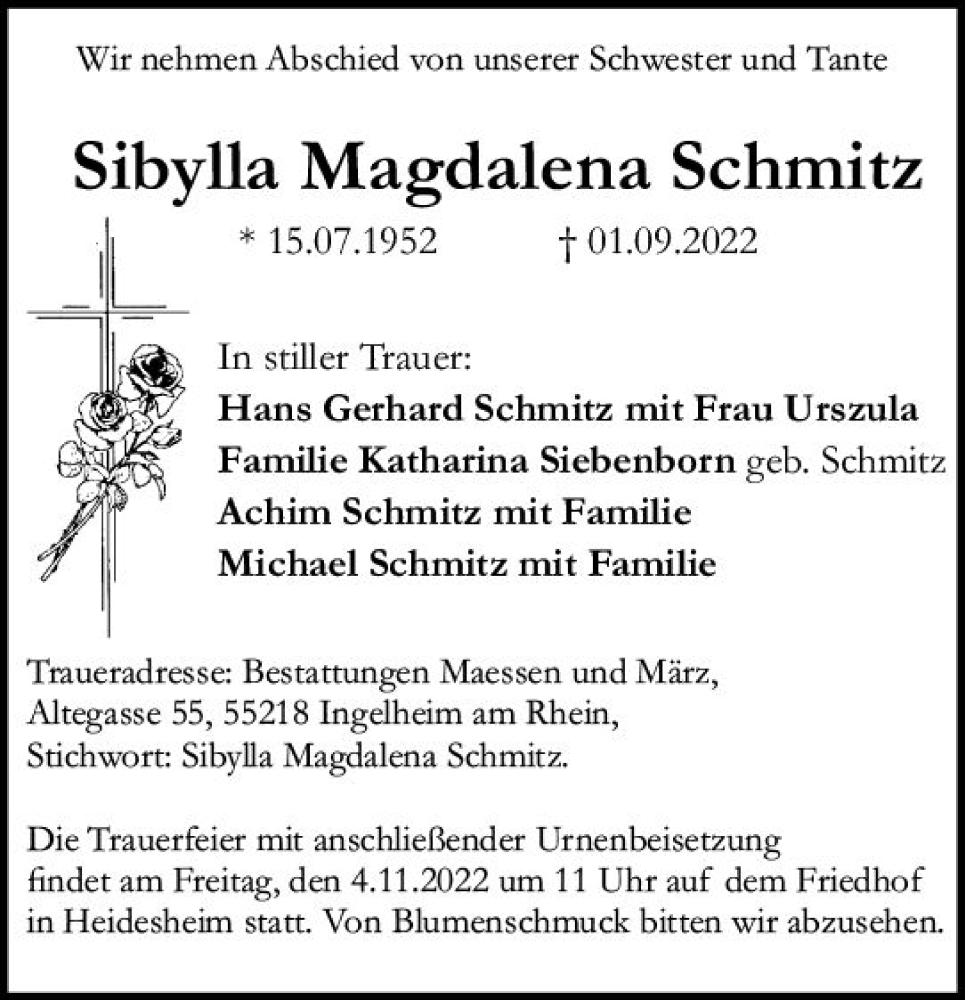  Traueranzeige für Sibylla Magdalena Schmitz vom 02.11.2022 aus vrm-trauer Allgemeine  Zeitung Ingelheim-Bingen