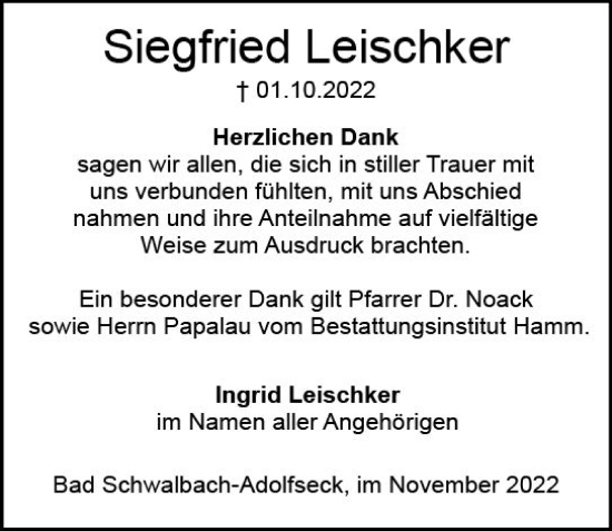 Traueranzeige von Siegfried Leischker von vrm-trauer Wiesbadener Kurier