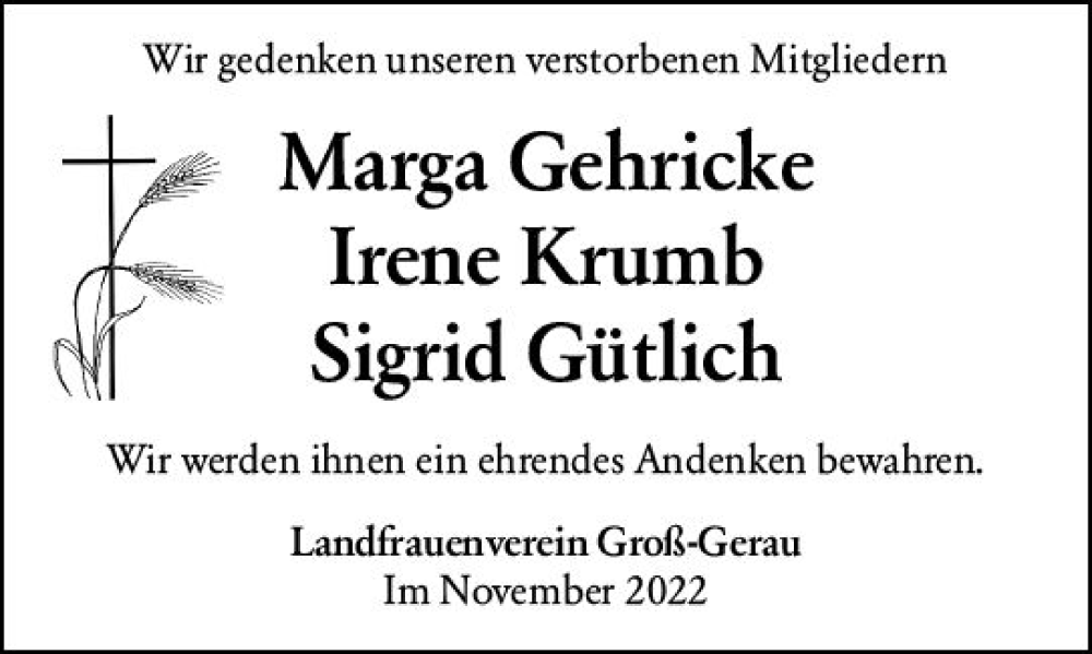  Traueranzeige für Sigrid Gütlich vom 19.11.2022 aus vrm-trauer Groß-Gerauer Echo
