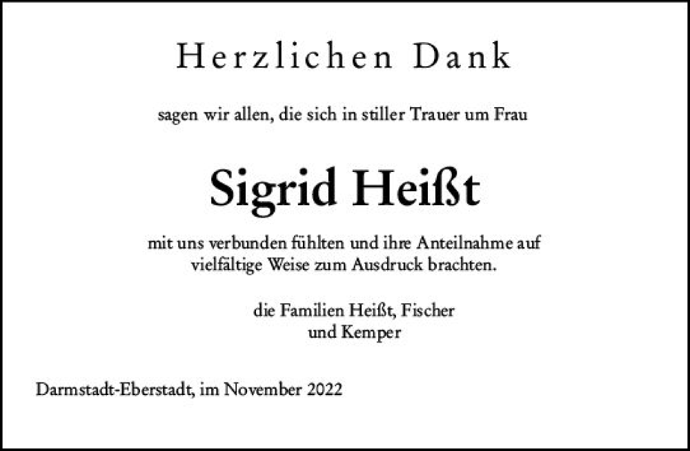  Traueranzeige für Sigrid Heißt vom 12.11.2022 aus vrm-trauer Darmstädter Echo