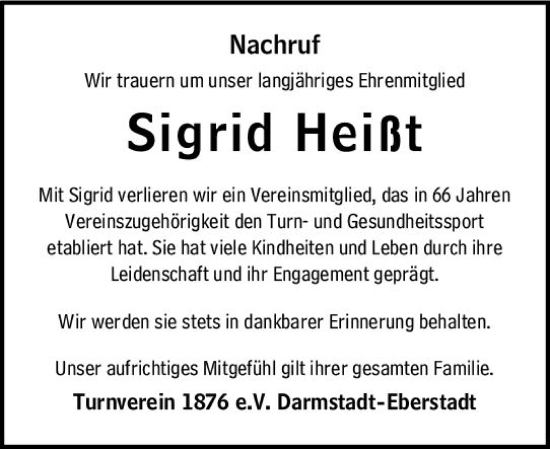 Traueranzeige von Sigrid Heißt von vrm-trauer Darmstädter Echo