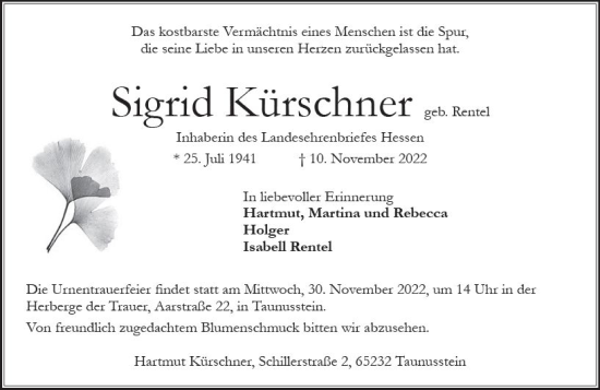Traueranzeige von Sigrid Kürschner von vrm-trauer Wiesbadener Kurier