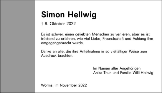 Traueranzeige von Simon Hellwig von vrm-trauer Wormser Zeitung