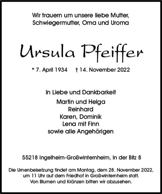 Traueranzeige von Ursula Pfeiffer von vrm-trauer Allgemeine  Zeitung Ingelheim-Bingen