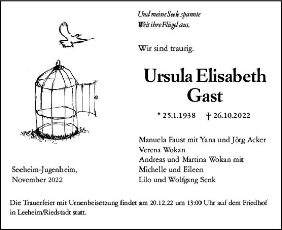 Traueranzeige von Ursula Elisabeth Gast von vrm-trauer Darmstädter Echo