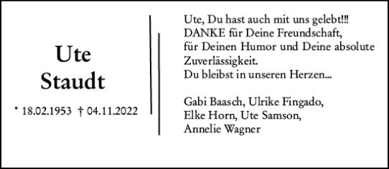 Traueranzeige von Ute Staudt von vrm-trauer Idsteiner Zeitung