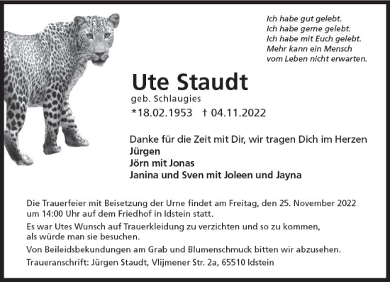 Traueranzeige von Ute Staudt von vrm-trauer Idsteiner Zeitung