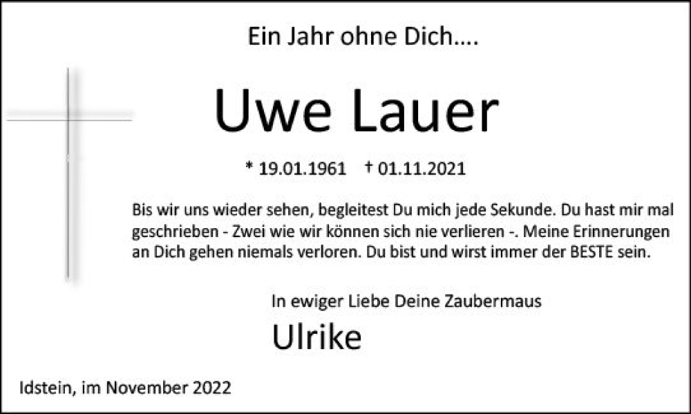  Traueranzeige für Uwe Lauer vom 02.11.2022 aus vrm-trauer Wiesbadener Kurier