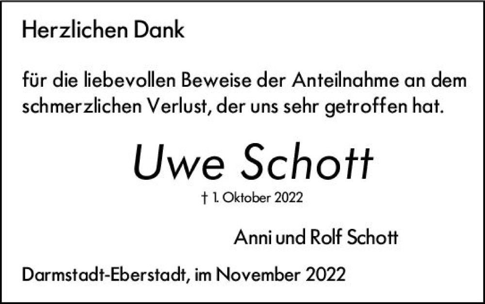  Traueranzeige für Uwe Schott vom 19.11.2022 aus vrm-trauer Darmstädter Echo