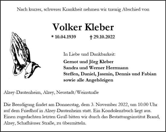 Traueranzeige von Volker Kleber von vrm-trauer Allgemeine Zeitung Alzey