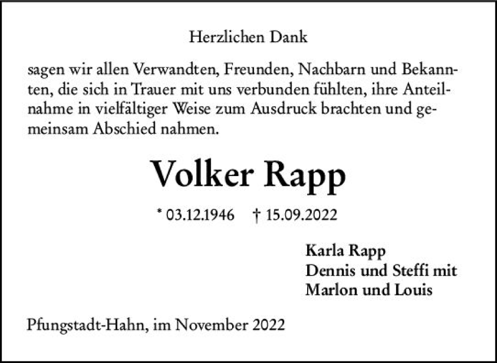  Traueranzeige für Volker Rapp vom 05.11.2022 aus vrm-trauer Darmstädter Echo