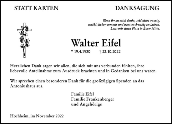 Traueranzeige von Walter Eifel von vrm-trauer Hochheimer Zeitung