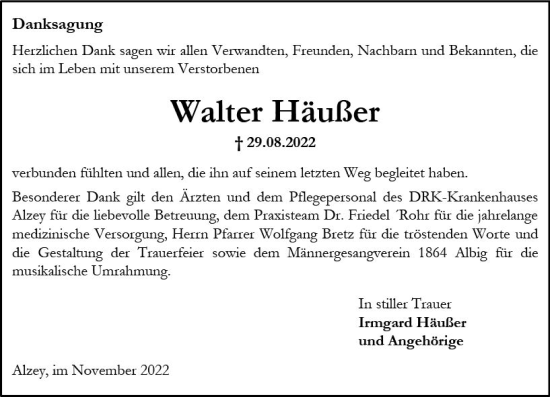 Traueranzeige von Walter Häußer von vrm-trauer Allgemeine Zeitung Alzey
