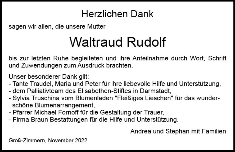  Traueranzeige für Waltraud Rudolf vom 26.11.2022 aus vrm-trauer Darmstädter Echo