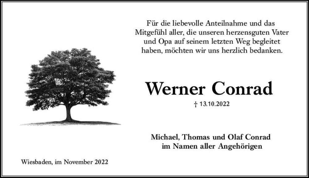  Traueranzeige für Werner Conrad vom 12.11.2022 aus vrm-trauer Wiesbadener Kurier